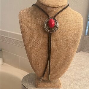 Bolo black leather Red oval and silver accents